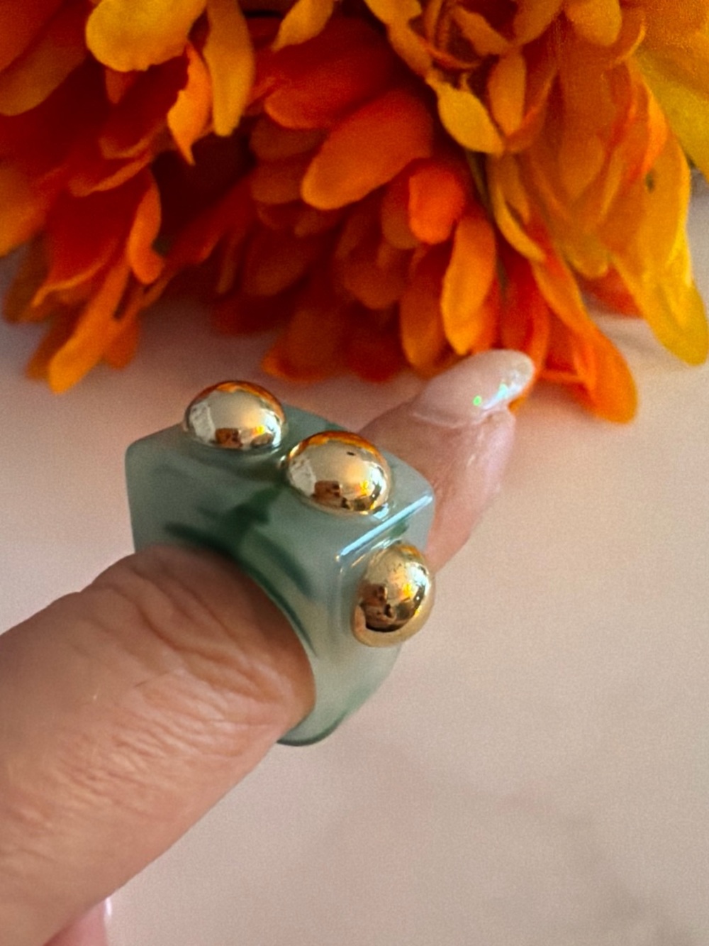 Green Resin Statement Ring with Gold Studs - Women Accessories